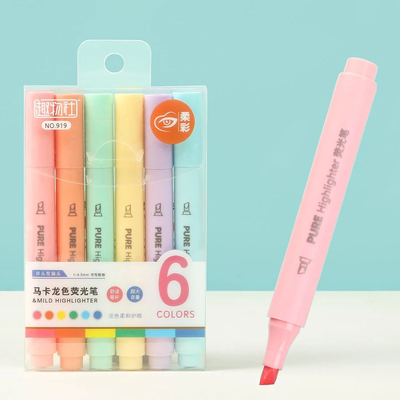 Pastel Highlighter Set Double Ended - 6本セット パステルカラー マカロン ハイライターペン かわいい蛍光マーカー、DIY描画マーカー 学生用学校文具用品